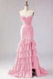 Red Mermaid Ruffled Sweetheart Beaded Corset Long Prom Dress with Slit