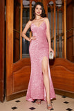 Sparkly Hot Pink Mermaid Spaghetti Straps V-Neck Sequin Long Prom Dress With Split
