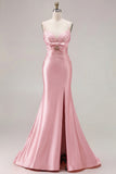 Fuchsia Mermaid Cut Out Pleated Satin Bowed Long Prom Dress with Slit