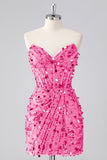 Sparkly Fuchsia Strapless Tight Short Sequins Corset Cocktail Dress with Beading