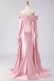 Dark Green Mermaid Off The Shoulder Satin Long Prom Dress with Long Sleeve
