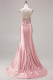 Fuchsia Mermaid Cut Out Pleated Satin Bowed Long Prom Dress with Slit