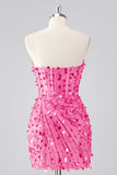 Sparkly Fuchsia Strapless Tight Short Sequins Corset Cocktail Dress with Beading