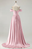 Blue A-Line Off The Shoulder Satin Long Bridesmaid Dress with Slit