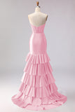 Red Mermaid Ruffled Sweetheart Beaded Corset Long Prom Dress with Slit