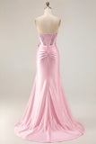 Navy Mermaid Strapless Corset Ruched Beaded Long Prom Dress with Bow