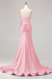 Royal Blue Strapless Mermaid 3D Flowers Beaded Long Prom Dress with Slit