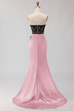Strapless Mermaid Green Appliqued Lace Long Prom Dress with Slit