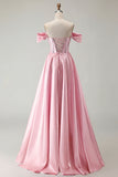 Off The Shoulder Beaded A Line Purple Corset Long Prom Dress with Slit