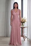 Dusty Rose A Line V Neck Pleated Long Evening Dress