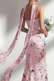 Mermaid Pink Strapless Floral Printed Long Bridesmaid Dress with Slit