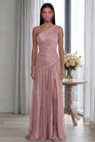 Golden Pleated A Line One Shoulder Long Evening Dress with Slit