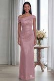 Dark Green Off the Shoulder Sheath Ruched Long Evening Dress