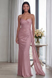 Back Strapless Sheath Ruched Long Evening Dress with Ribbon