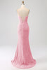 Load image into Gallery viewer, Fuchsia Mermaid Spaghetti Straps V-Neck Sequin Prom Dress With Split