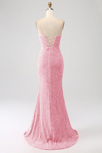Fuchsia Mermaid Spaghetti Straps V-Neck Sequin Prom Dress With Split