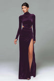 Black Velvet High Neck Long Sleeves Formal Dress with Slit