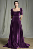 Olive A-Line Square Neck Velvet Long Formal Dress