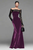 Burgundy Velvet Mermaid Long Sleeve Formal Dress with Lace