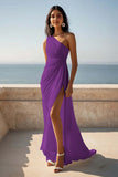One Shoulder Ruched Ivory Maxi Sheath Beach Engagement Dress with Slit