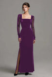 Velvet Black Long Slit Formal Dress with Long Sleeves