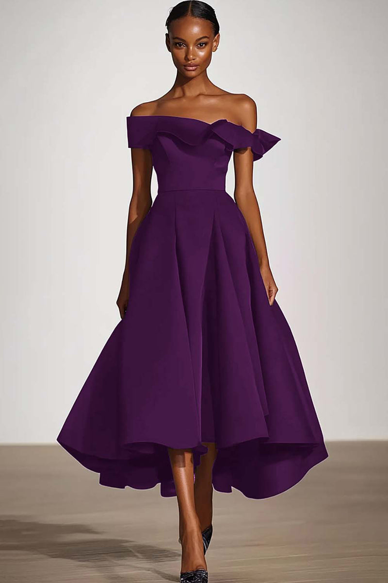 Load image into Gallery viewer, Off The Shoulder A Line Black Satin Formal Dress