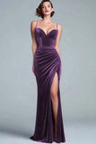 Burgundy Mermaid Velvet Spaghetti Straps Long Formal Dress with Slit