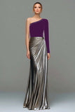 Black and Grey A-Line One Shoulder Metallic Satin Formal Dress