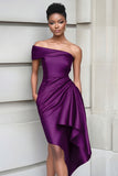Burgundy Ruffled One Shoulder Bodycon Midi Cocktail Dress