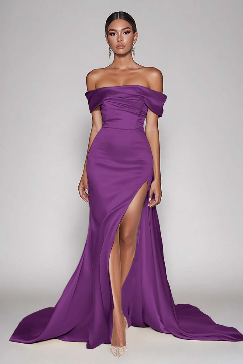 Load image into Gallery viewer, Champagne Off The Shoulder Satin Long Mermaid Formal Dress with Slit