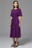 A Line Navy Ruched Round Neck Midi Work Dress