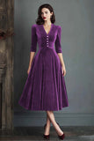 Velvet A Line V-Neck Burgundy Midi Christams Party Dress with Half Sleeves
