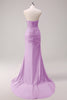 Load image into Gallery viewer, Mermaid Applique Strapless Corset Long Fuchsia Prom Dress with Slit