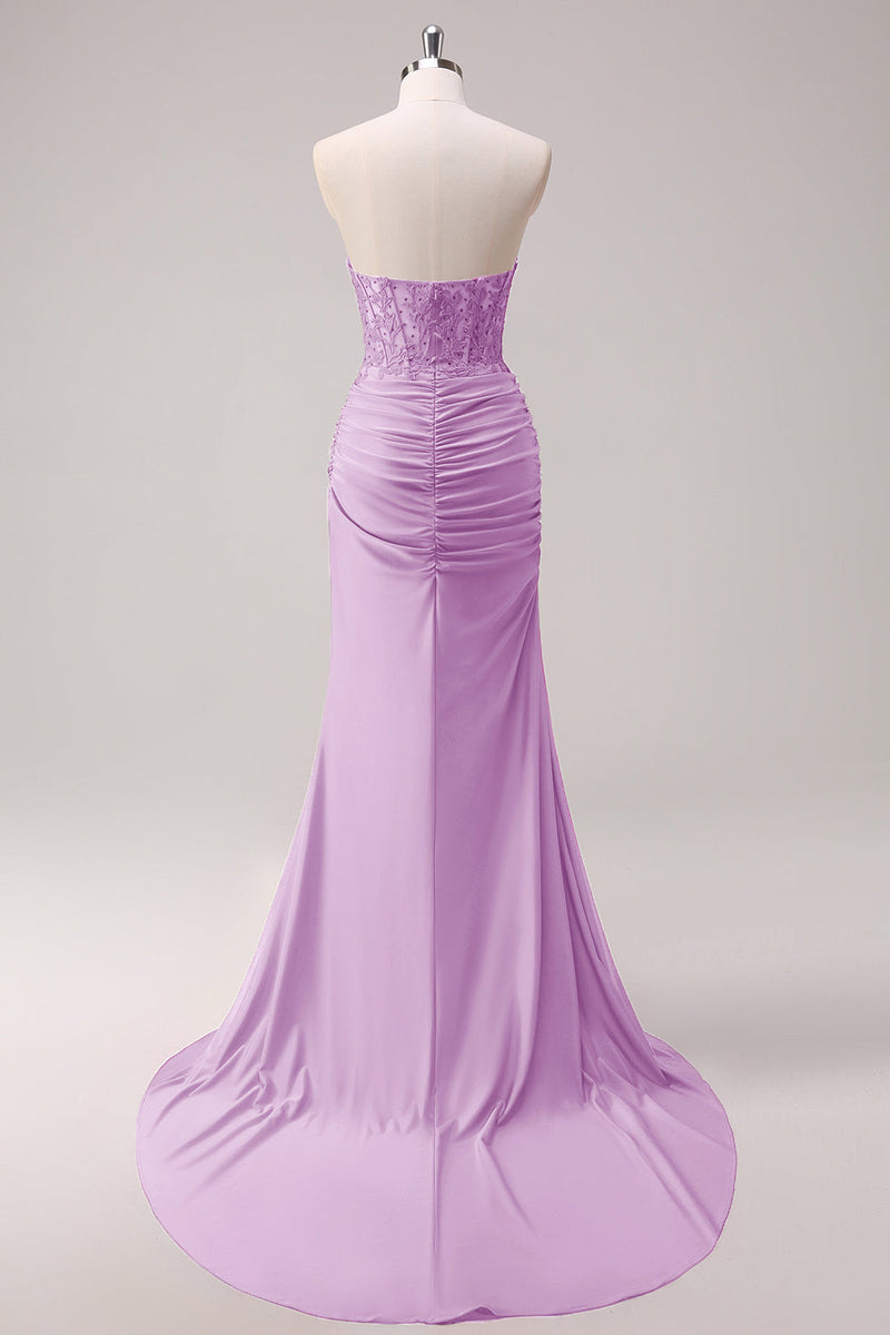 Load image into Gallery viewer, Mermaid Applique Strapless Corset Long Fuchsia Prom Dress with Slit