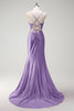 Load image into Gallery viewer, Fuchsia Mermaid Spaghetti Straps Beaded Corset Satin Long Prom Dress with Slit