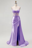 Champagne Mermaid Corset Beaded Satin Long Prom Dress with Slit