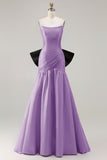 Strapless Fuchsia A-Line Convertible Satin Long Prom Dress with Large Bow