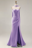Strapless Corset Mermaid Light Green Satin Side Slit Maxi Dress with a Neck Scarf