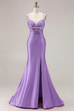 Fuchsia Mermaid Cut Out Pleated Satin Bowed Long Prom Dress with Slit