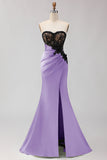Strapless Mermaid Green Appliqued Lace Long Prom Dress with Slit