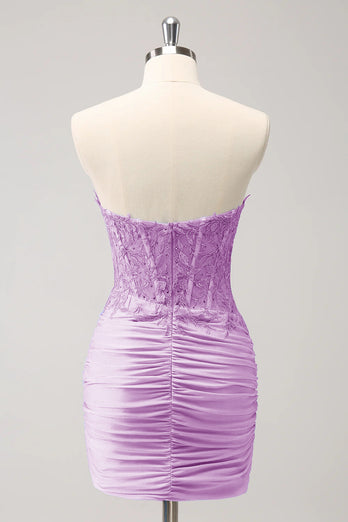 Lilac Strapless Corset Pleated Tight Graduation Dress with Appliques