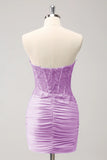 Lilac Strapless Corset Pleated Tight Graduation Dress with Appliques