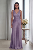 Dusty Rose A Line V Neck Pleated Long Evening Dress