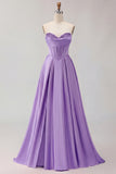 Golden Strapless Satin A-Line Corset Long Prom Dress