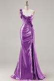 Metallic Burgundy One Shoulder Mermaid Side Slit Long Prom Dress with 3D Flowers