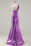 Metallic Burgundy One Shoulder Mermaid Side Slit Long Prom Dress with 3D Flowers