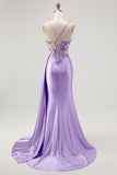 Champagne Mermaid Corset Beaded Satin Long Prom Dress with Slit
