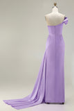 Green One Shoulder Ruched Sheath Long Prom Dress with Slit