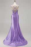 Fuchsia Mermaid Cut Out Pleated Satin Bowed Long Prom Dress with Slit