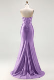 Red Strapless Mermaid Corset Beaded Ruched Satin Long Prom Dress with Slit
